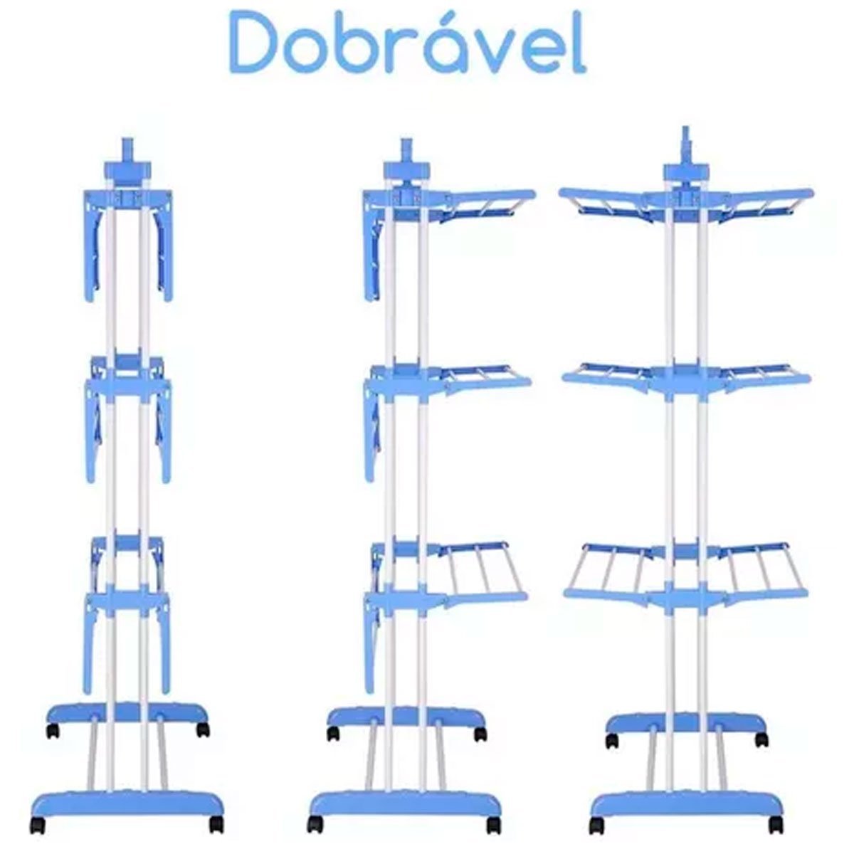 Varal de Chão 3 Andares Retrátil Dobrável Aço Inox com Rodas - 3