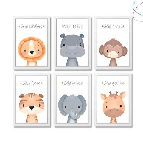 Kit 6 Quadros Decoração Quarto Infantil Safari Baby:branco