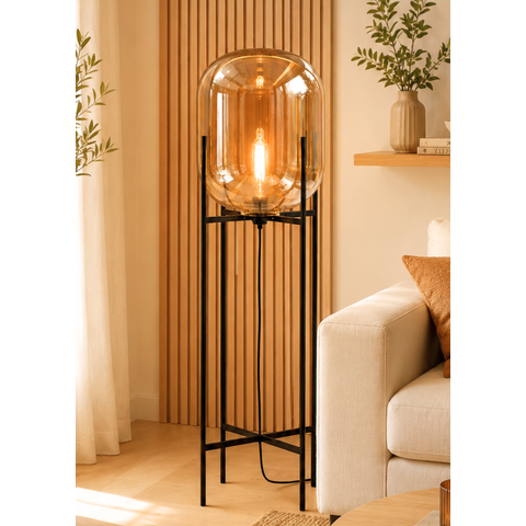 Luminária de Chão Piso 100cm Globo Vidro Âmbar Coluna Pedestal Moderno Industrial Lv-Amb-3 Gimpo