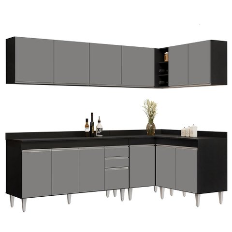 Armário de Cozinha Modulado de Canto 6 Peças Cp32 Balcão com Tampo Preto/cinza - Lumil Lumil Móveis