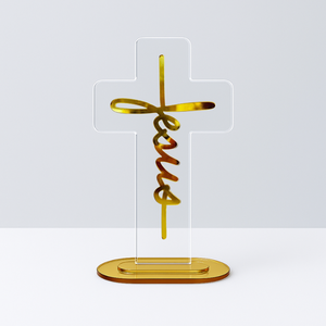 Totem Cruz Acrílico Jesus Dourado Decoração Religiosa