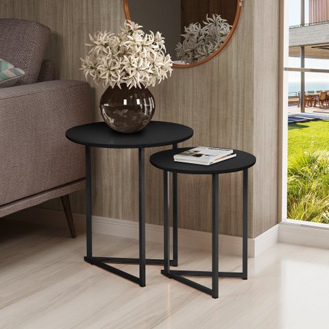 Mesa de Canto Jade Conjunto com 2 mesas Pé de Aço Preto