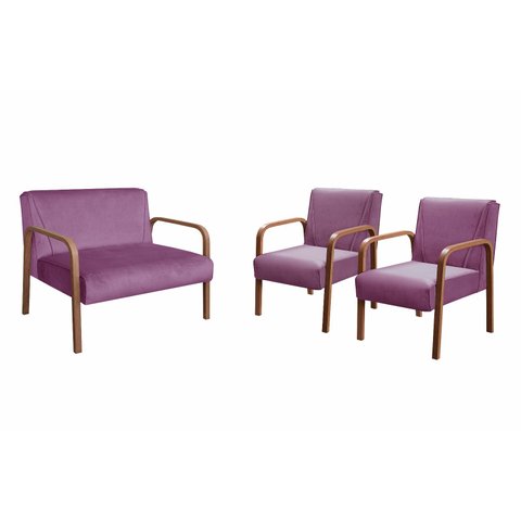 Kit Namoradeira Anita + 2 Poltronas Braço Madeira Decoração Recepção Sala - Veludo Roxo