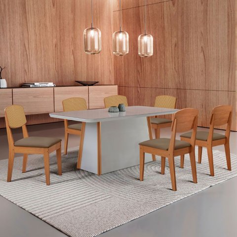 Mesa de Jantar Diane 180cm Tampo Mdf Vidro com 6 Cadeiras Copper Premium Moderna Mobília