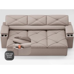 Sofá com Porta Copos Retrátil e Reclinável Pop 2,05m Velosuede Bege - Netsofas - 5