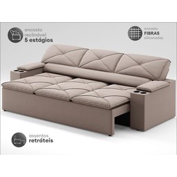 Sofá com Porta Copos Retrátil e Reclinável Pop 2,05m Velosuede Bege - Netsofas - 3