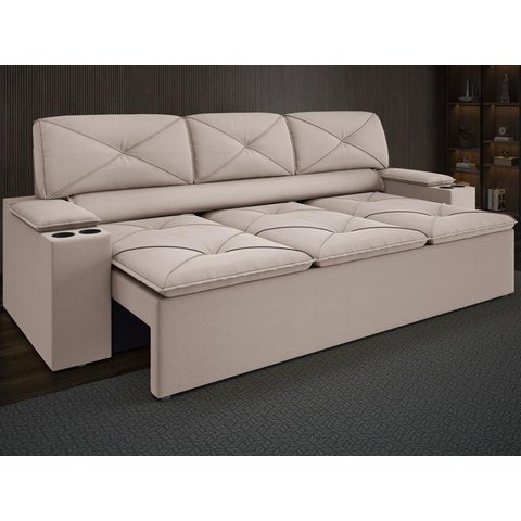 Sofá com Porta Copos Retrátil e Reclinável Pop 2,05m Velosuede Bege - Netsofas