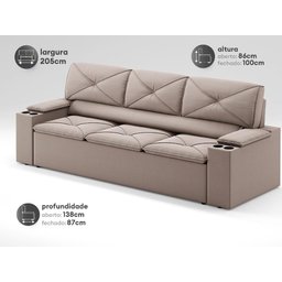 Sofá com Porta Copos Retrátil e Reclinável Pop 2,05m Velosuede Bege - Netsofas - 2