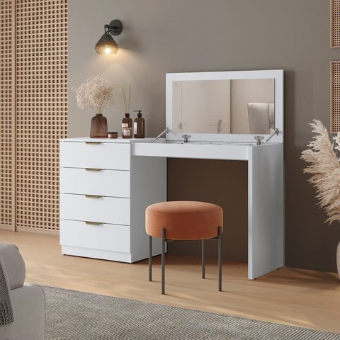 Bancada Penteadeira Princess 4 Gavetas com Espelho 136 cm Branco Acetinado - Mavaular