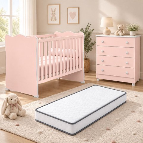 Kit Quarto de Bebê Doce Sonho com Berço para Mosquiteiro Cômoda 4 Gavetas e Colchão D18 130x60 Movel