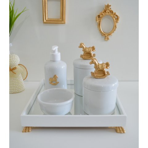 Kit Higiene Porcelana Bebê + Bandeja - K014 Cavalo Dourado