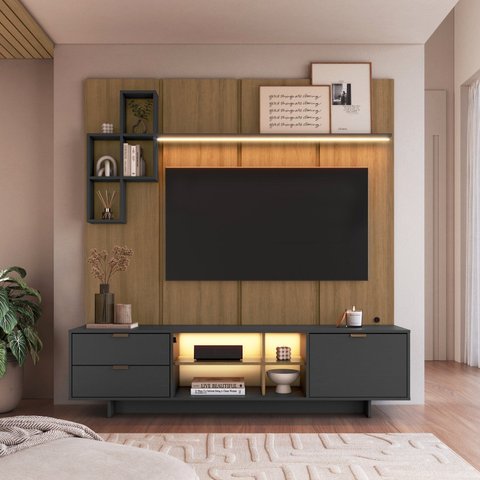 Conjunto Rack e Painel para TV até 55 Polegadas com LED Aurora Mel/Grafite
