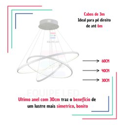 Lustre Moderno Pendente Anéis Led 3 Arcos Branco Bivolt 60cm Equipe Led - 2