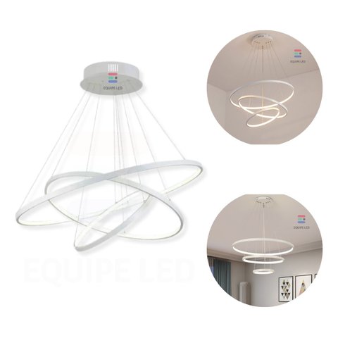 Lustre Moderno Pendente Anéis Led 3 Arcos Branco Bivolt 60cm Equipe Led