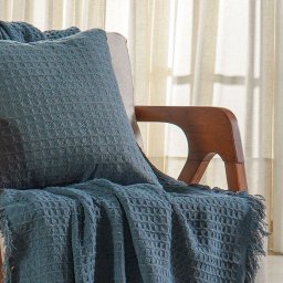 Kit Manta e 2 Capa de Almofada Decorativa para Sofá Waffle 100% Algodão 120x150cm Azul Cobalt - 6