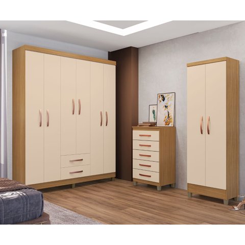 Kit Guarda Roupa 6 Portas 2 Gavetas, Comoda Sapateira e Armário Multiuso Carvalho Off White