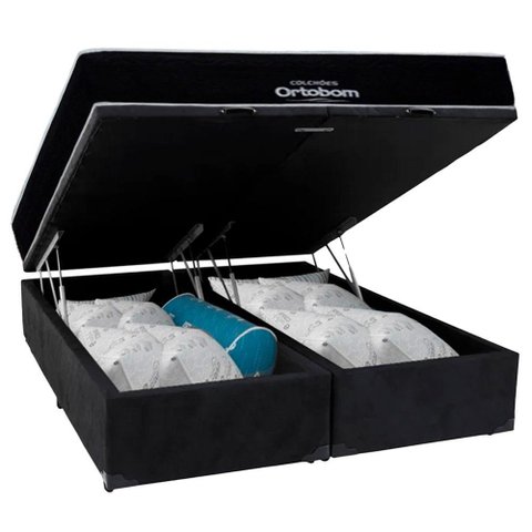 Cama Box Baú Queen Suede Bipartido + Colchão Airtech Molas Ensacadas Antares Ortobom 158x198x71