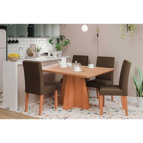 Conjunto: Mesa Sala Jantar Maitê Tampo Madeirado 130x80cm e 4 Cadeiras Maia Cinamomo - Cinamomo/