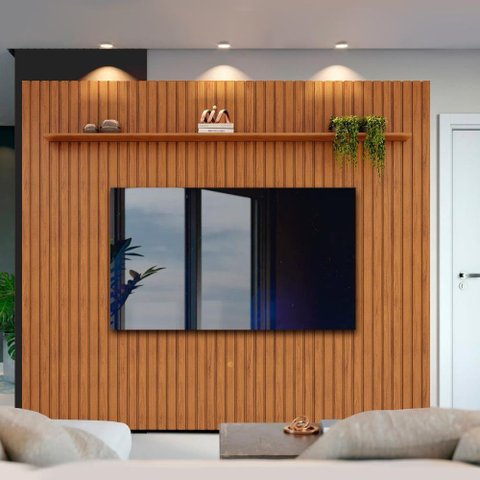 Painel Ripado para Tv até 75 Polegadas 275,7cm X 240cm Freijó Pratic Dj Móveis