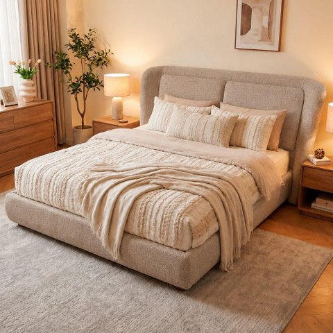Cama Japonesa Queen Seo com Cabeceira Blind Madeira Linho Bege Sallar Home 174cm