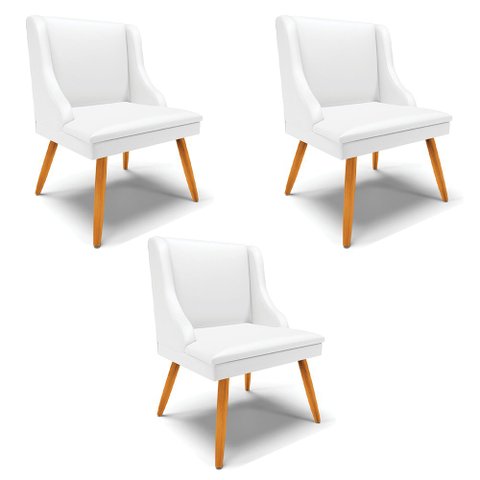 Kit 3 Cadeiras Decorativas Sala de Jantar Pés Palito de Madeira Firenze PU Branco Fosco/Natural G19 