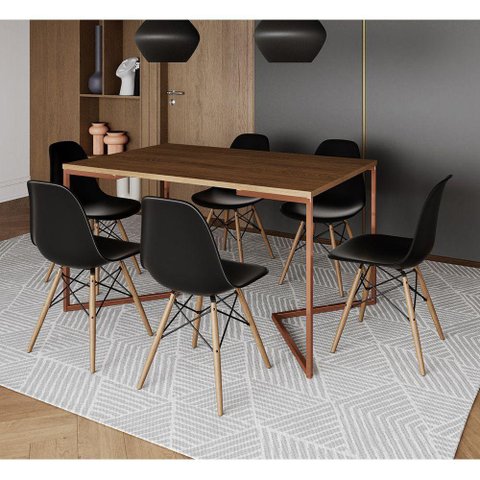 Mesa Jantar Industrial Retangular Amêndoa 137X90Cm Base V Cobre C/6 Cadeiras Pretas M Cor: Amendoa