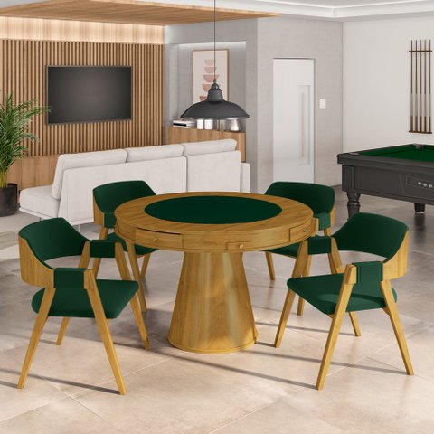 Conjunto Mesa de Jogos Carteado Bellagio Tampo Reversível e 4 Cadeiras Madeira Poker Base Cone Velud