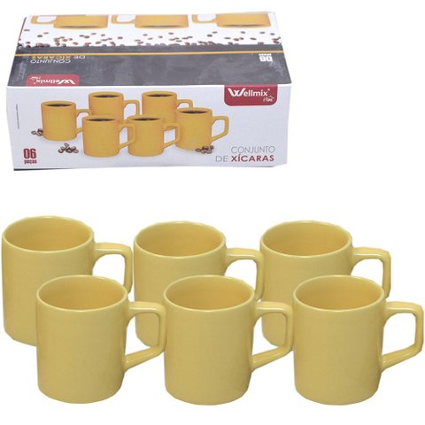 Jogo de Xicara para Cafe de Porcelana Amarela 6 Pecas 100ml