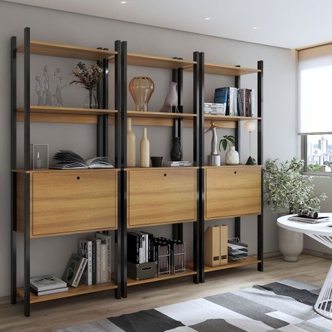 Estante para Livros Industrial 3 Portas 9 Prateleiras Mel/preto - Panorama Móveis