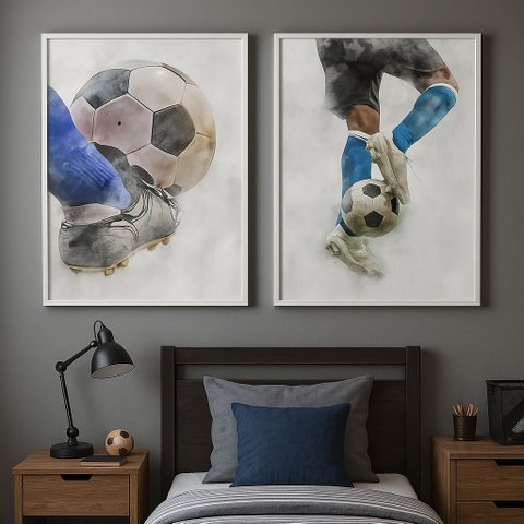 Kit 2 Canvas Quarto Menino Futebol Aquarela-mold.branca:60x40cm
