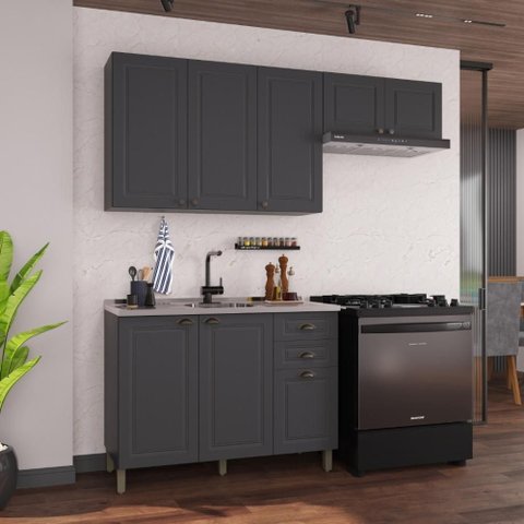 Armário de Cozinha Modulada Compacta Fidelitá Nara 100% MDF 3 Peças 200cm 8 Portas 2 Gavetas sem