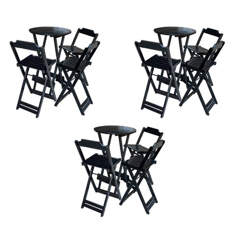 Kit 3 Conjuntos de Mesa Bistrô Dobraveis em Madeira Padrão com 3 Banquetas Altas - Preto
