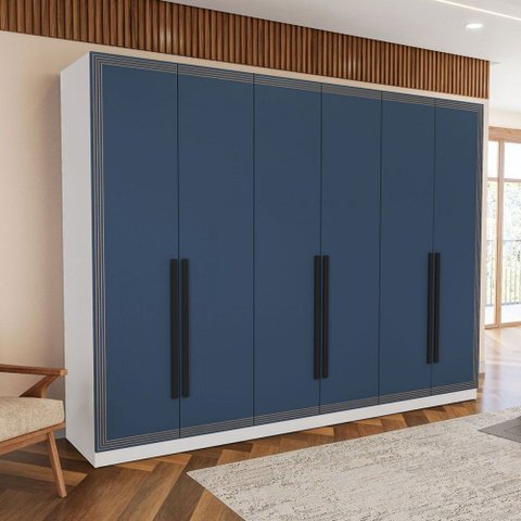 Guarda-roupa Casal Valência 6 Portas 4 Gavetas Branco/azul - Politorno