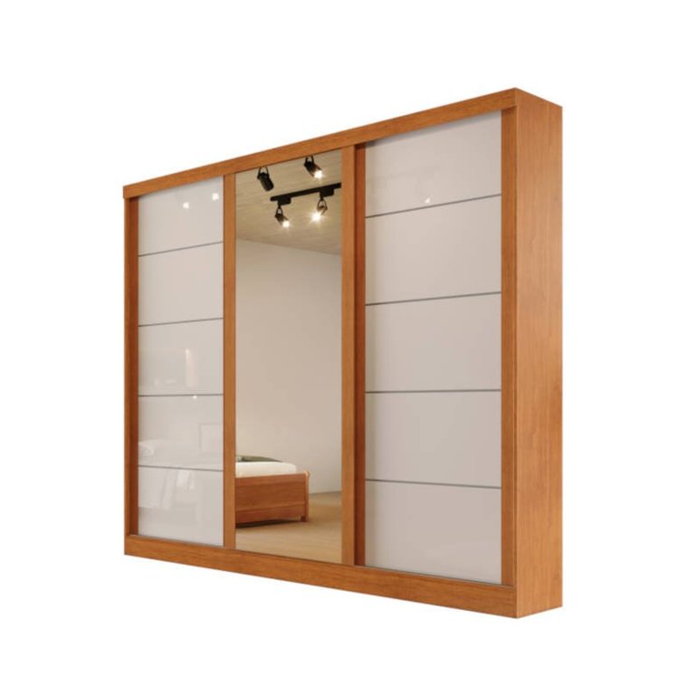 Guarda-roupa solteiro espelho 4 gavetas 2,21m - Capri-Nature/Off - Bianchi Móveis Guarda-roupa solteiro espelho 4 gavetas 2,21m - Capri-Nature/Off - Bianchi Móveis