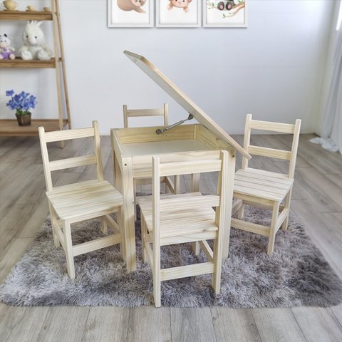 Conjunto Mesa Carteira Mesinha Baú Quadrada Infantil Educativa Atividades Madeira Maciça Resistente