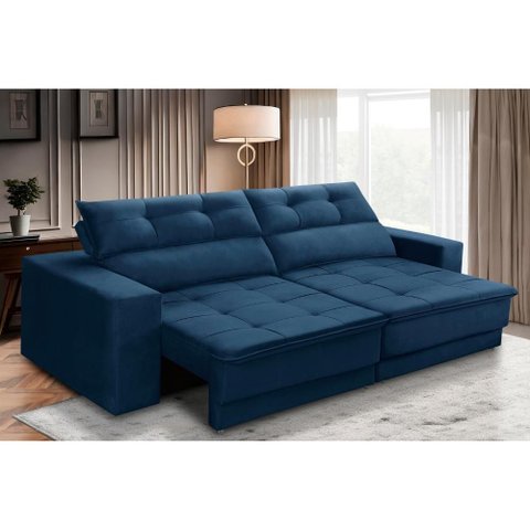 Sofá Retrátil e Reclinável 3 Lugares 1,90m com Molas Emília Suede Azul Madelina Decor