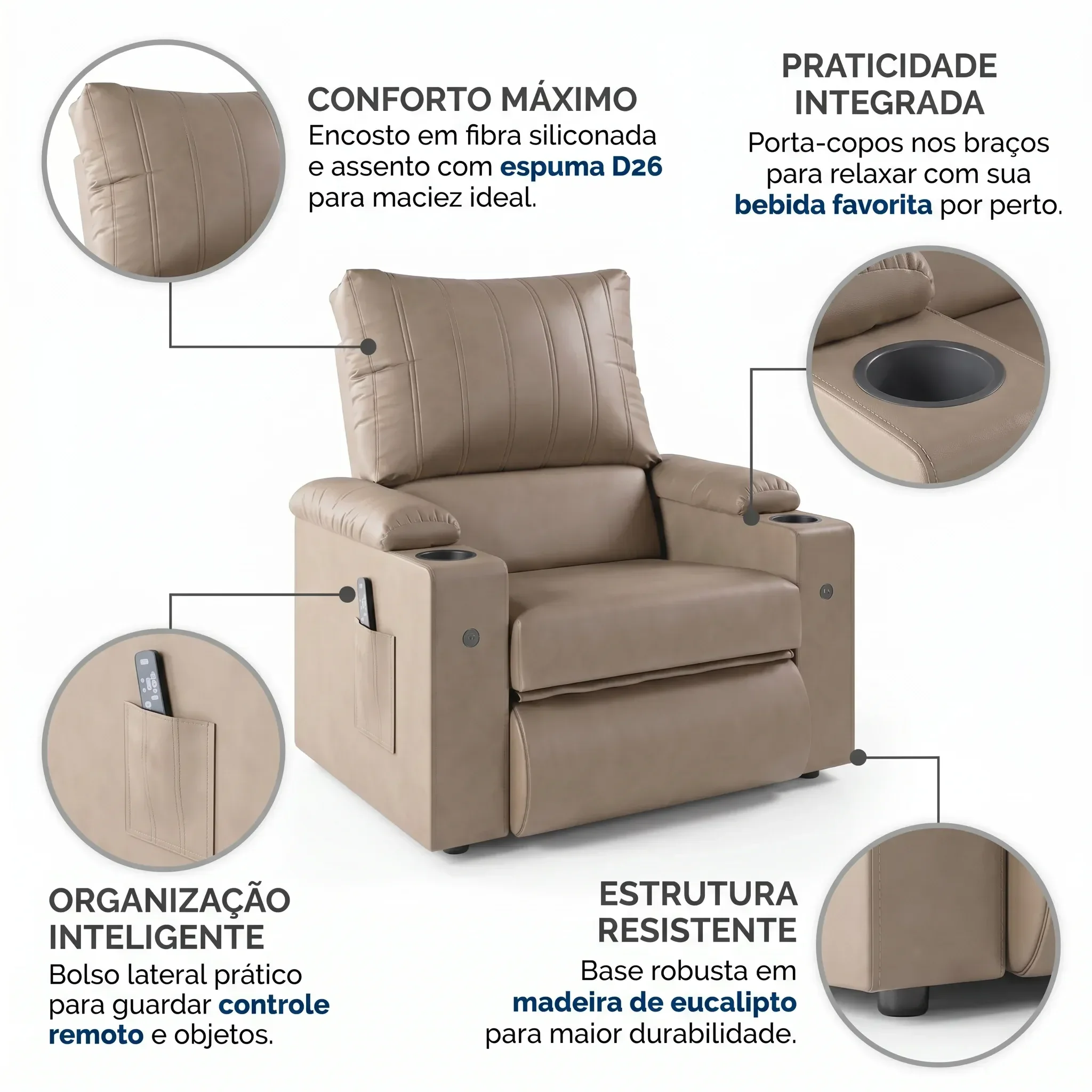 Ver imagem 4 de Poltrona Reclinável para Sala Miltinho Bege