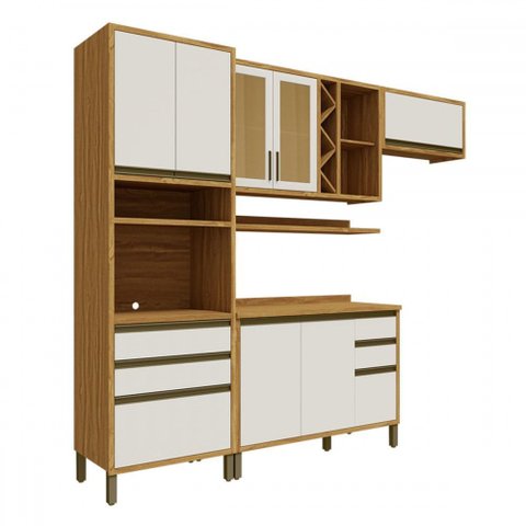 Armário de Cozinha com Balcão e Tampo 8 Portas 5 Gavetas Pérola 100% Mdf Vidro Reflecta Amêndoa/off