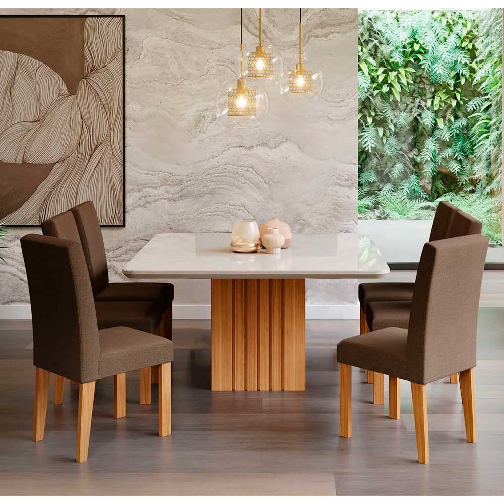 Conjunto de Mesa de Jantar com 6 Cadeiras Estofadas Maia I Veludo Off White  e Creme