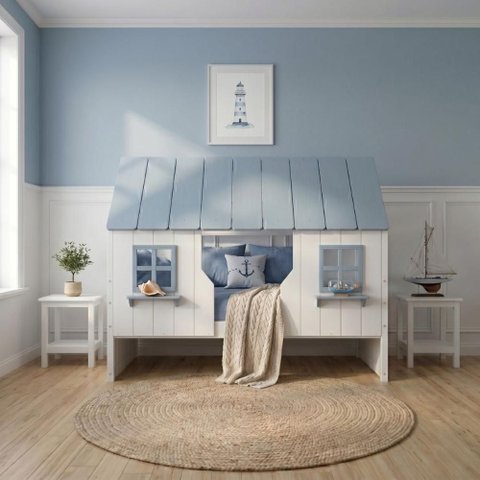 Cama Infantil Casinha Encantada Madeira Maciça Branco/ Azul Housin