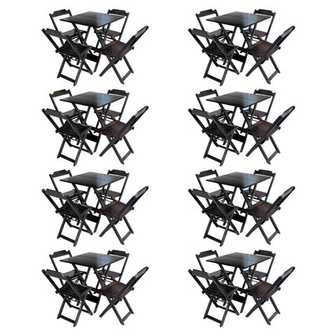 Kit 8 Conjuntos de Mesa com 4 Cadeiras de Madeira Dobrável 70x70 Tabaco