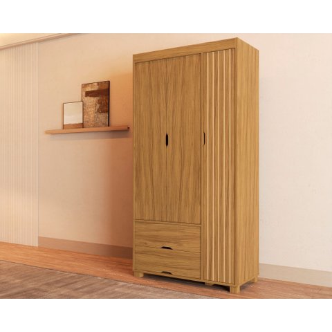 Guarda Roupa Bela Nature Resistente de Mdf com 3 Portas e 2 Gavetas Estilo Moderno Ripado