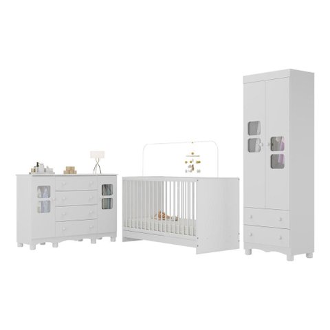 Quarto de Bebê Completo com Berço 3 em 1 para Colchão 130x60cm Luna Multimóveis Mp4532 Branco