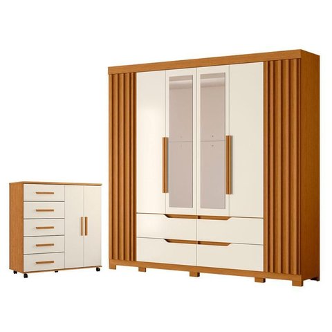 Guarda Roupa Casal Doble com Espelho 06 Portas e Cômoda Toronto com Rodízios 05 Gavetas e 02