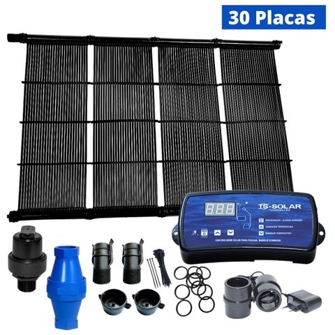 KIT AQUECIMENTO SOLAR PISCINA 30 PLACAS 3MT+ CONTROL+ VALVS
