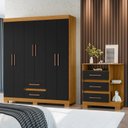 Ver imagem 1 de Guarda-Roupa 6 Portas e 2 Gavetas Cômoda 3 Gavetas com Nicho Saint Preto/Carvalho Americano/Tx