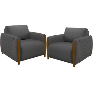 Kit 02 Poltronas Para Sala De Estar Pés De Madeira Base Fixa Flora M03 Linho Chumbo - Lyam Decor