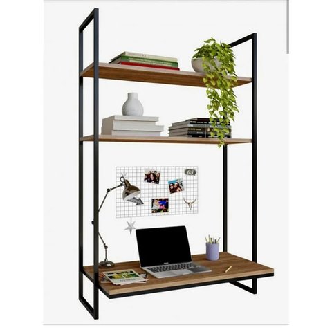 Escrivaninha 70cm Industrial em Ferro e Madeira Mdf Freijo Home Office