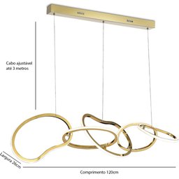 Lustre Pendente Moderno Led 75w 3000k Dourado Fosco 120cm Bivolt Tiffel Mais Luz - 5