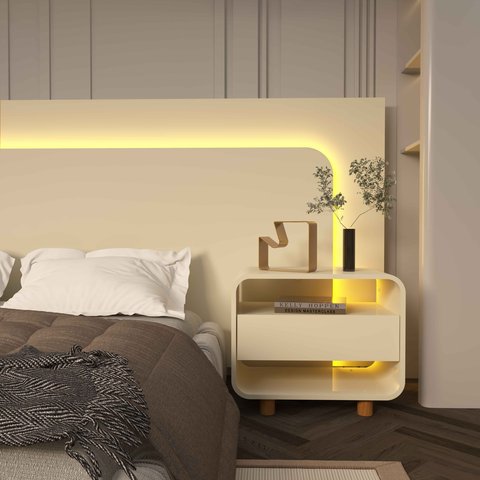 Mesa de Cabeceira Innova 1 Gaveta Pés em Madeira Offwhite - Rede Móveis